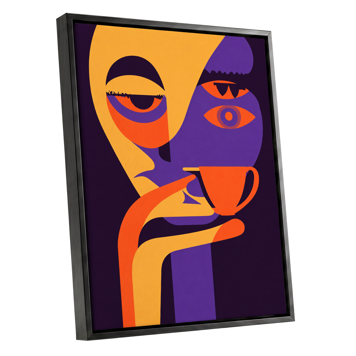 After-Hours Cup, orange, purple, black abstract wall art shown as a black framed canvas wall art