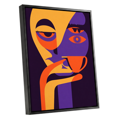 After-Hours Cup, orange, purple, black abstract wall art shown as a black framed canvas wall art