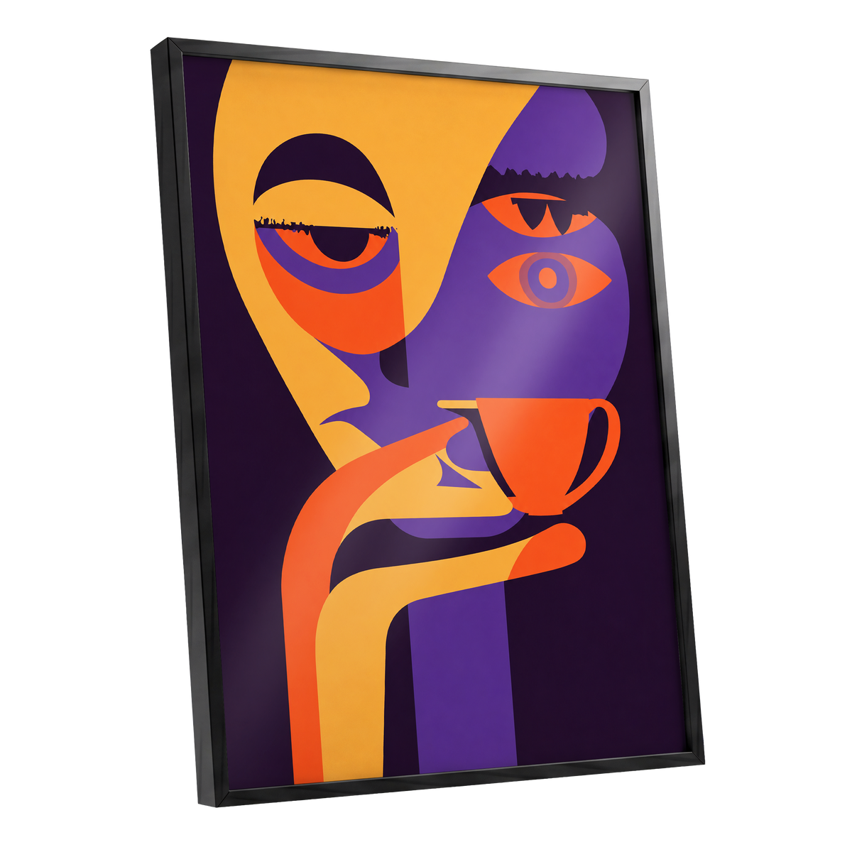 After-Hours Cup, orange, purple, black abstract wall art shown as a black framed poster wall art print