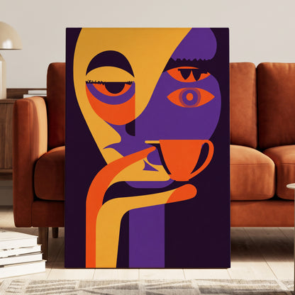 After-Hours Cup, orange, purple, black abstract wall art on canvas displayed in a styled interior, gallery view 1