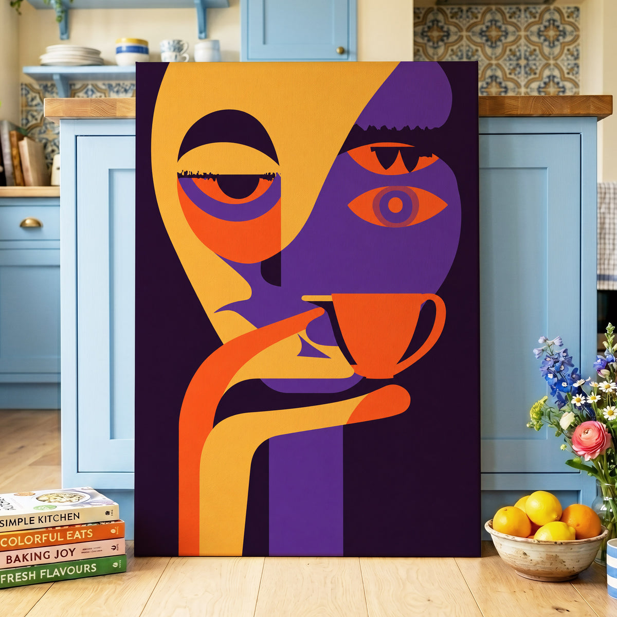 After-Hours Cup, orange, purple, black abstract wall art on canvas displayed in a styled interior, gallery view 2