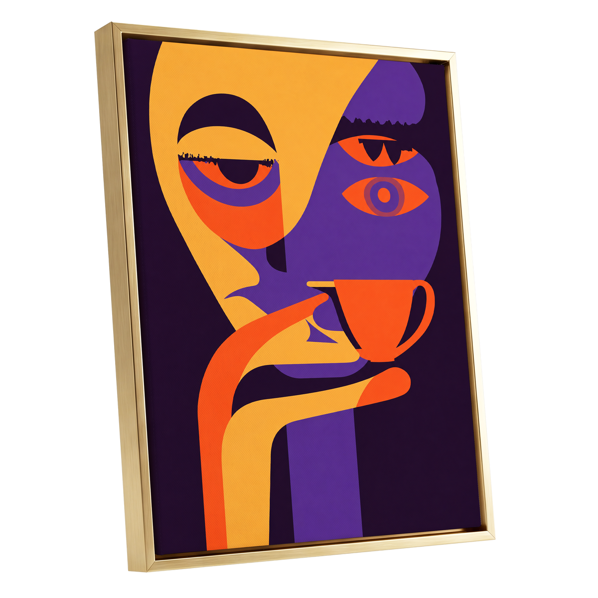 After-Hours Cup, orange, purple, black abstract wall art shown as a gold framed canvas wall art