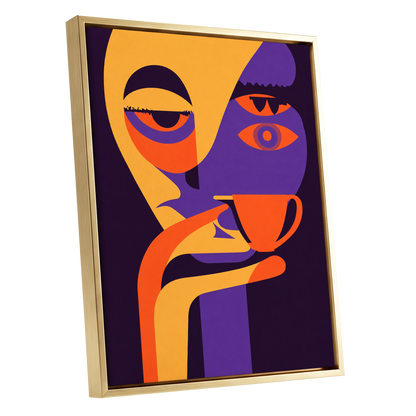 After-Hours Cup, orange, purple, black abstract wall art shown as a gold framed canvas wall art