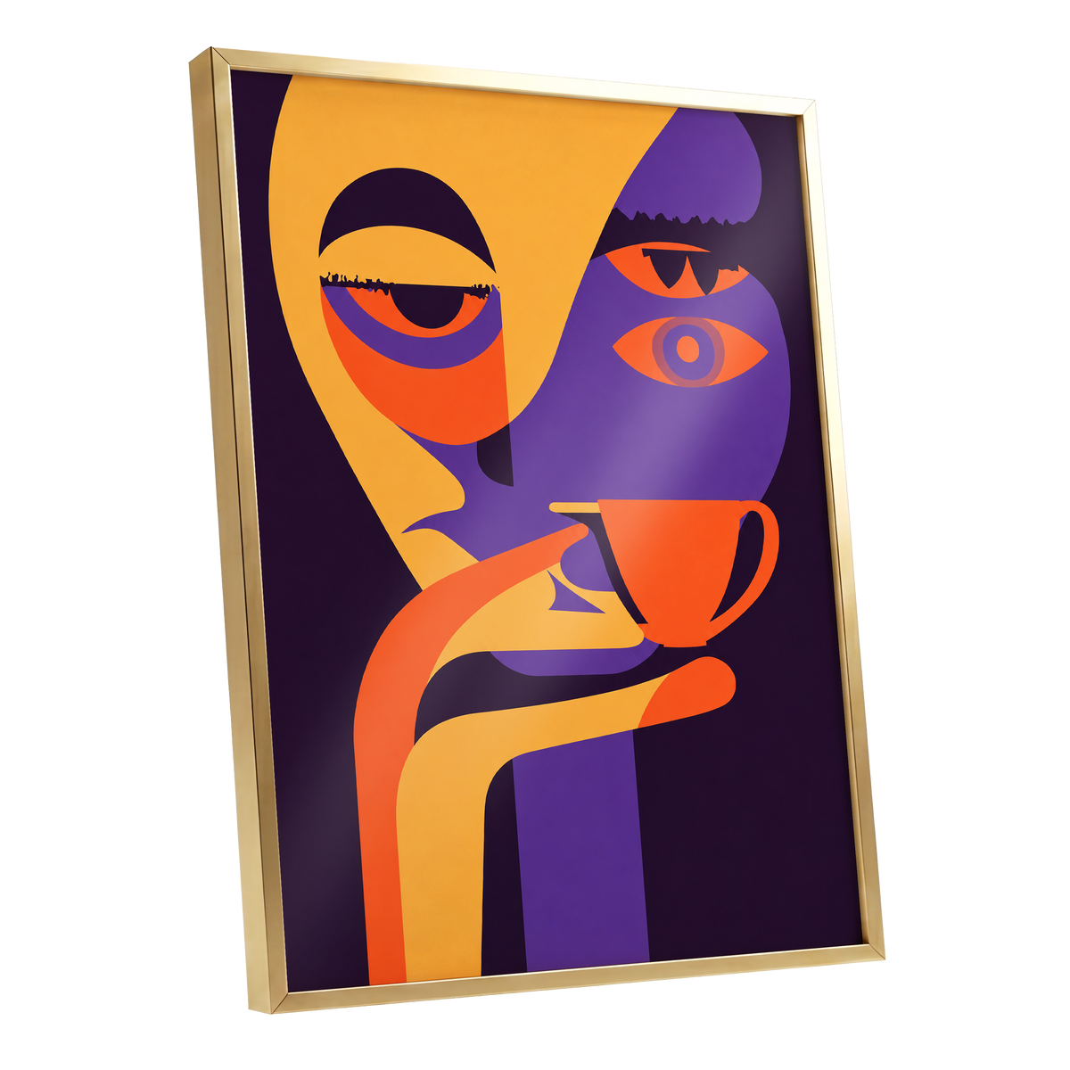After-Hours Cup, orange, purple, black abstract wall art shown as a gold framed poster wall art print