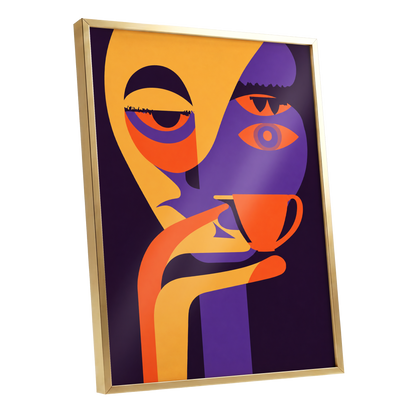 After-Hours Cup, orange, purple, black abstract wall art shown as a gold framed poster wall art print
