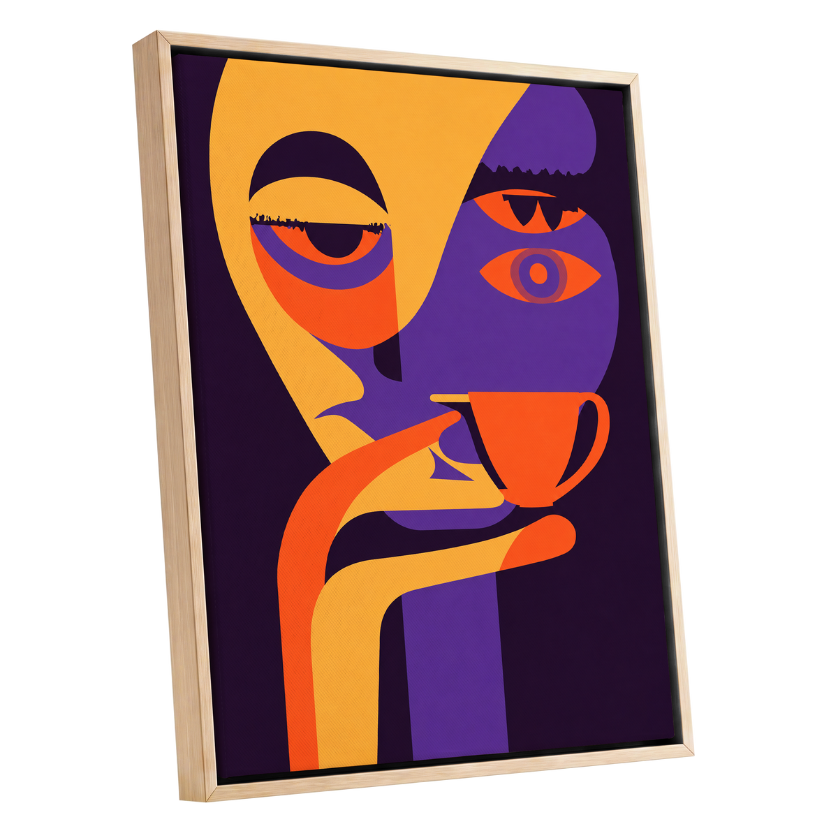 After-Hours Cup, orange, purple, black abstract wall art shown as a oak framed canvas wall art
