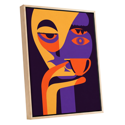 After-Hours Cup, orange, purple, black abstract wall art shown as a oak framed canvas wall art