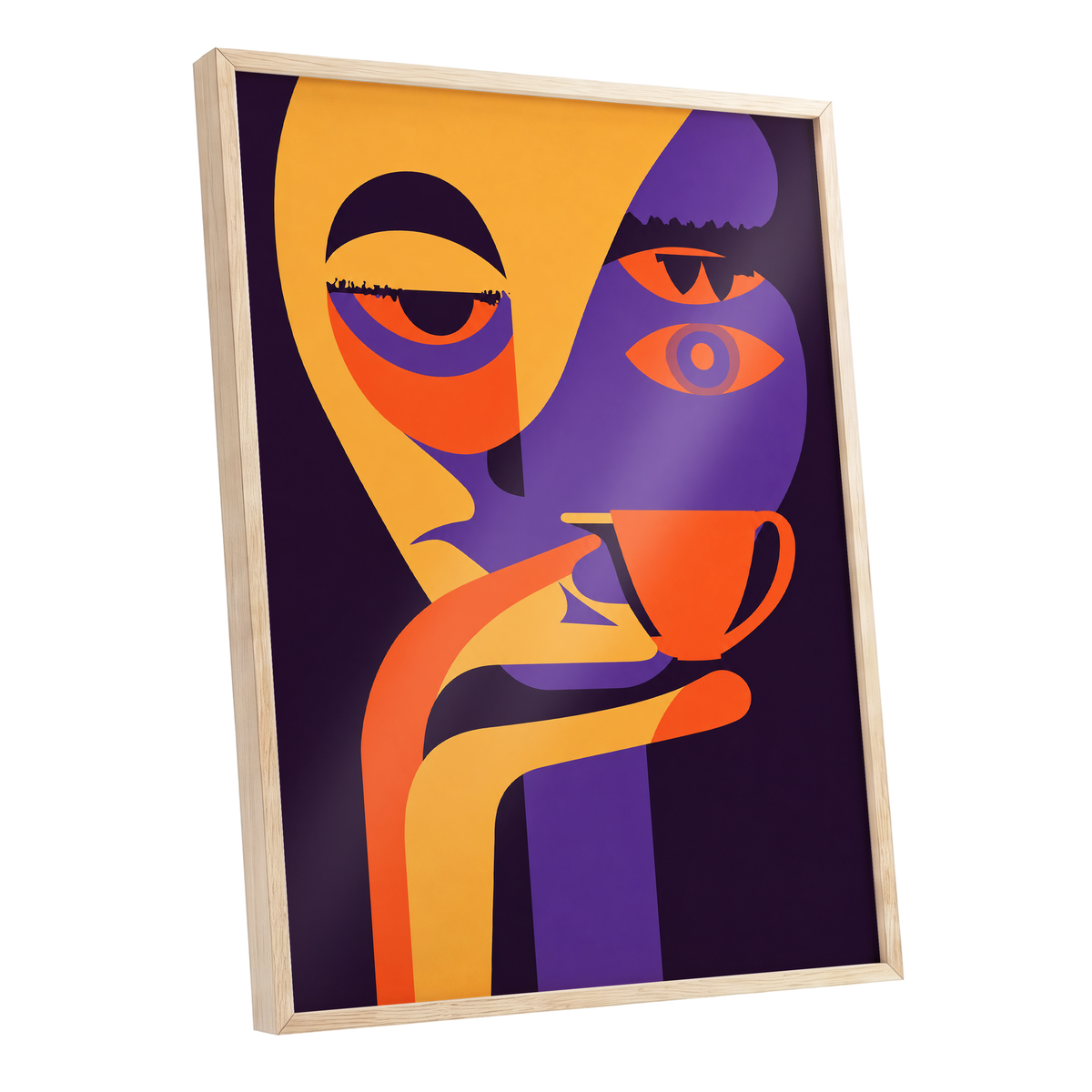 After-Hours Cup, orange, purple, black abstract wall art shown as a oak framed poster wall art print
