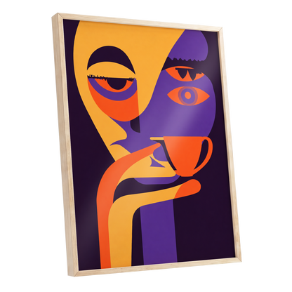 After-Hours Cup, orange, purple, black abstract wall art shown as a oak framed poster wall art print