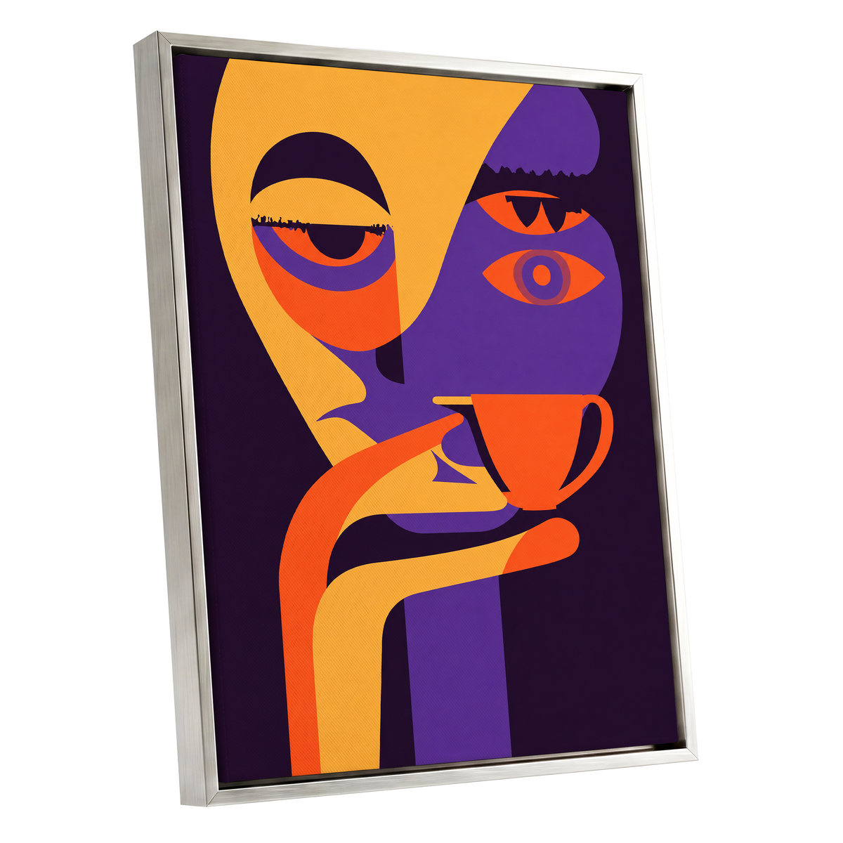 After-Hours Cup, orange, purple, black abstract wall art shown as a silver framed canvas wall art