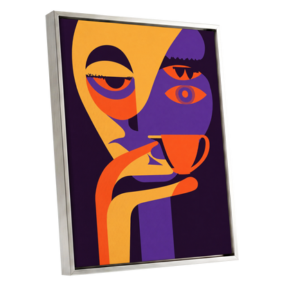 After-Hours Cup, orange, purple, black abstract wall art shown as a silver framed canvas wall art