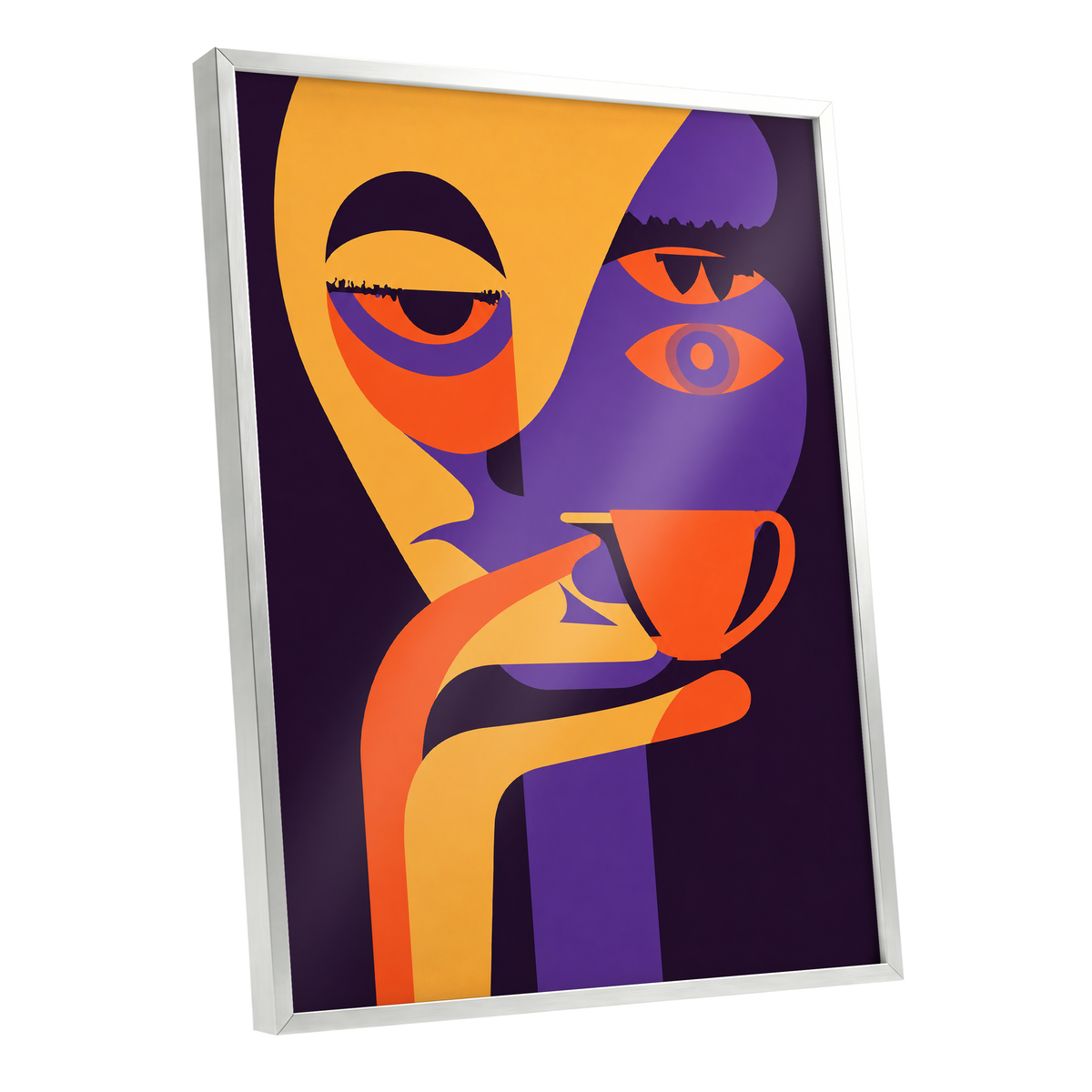 After-Hours Cup, orange, purple, black abstract wall art shown as a silver framed poster wall art print