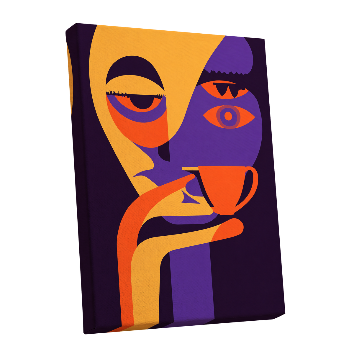 After-Hours Cup, orange, purple, black abstract wall art shown as a stretched canvas wall art