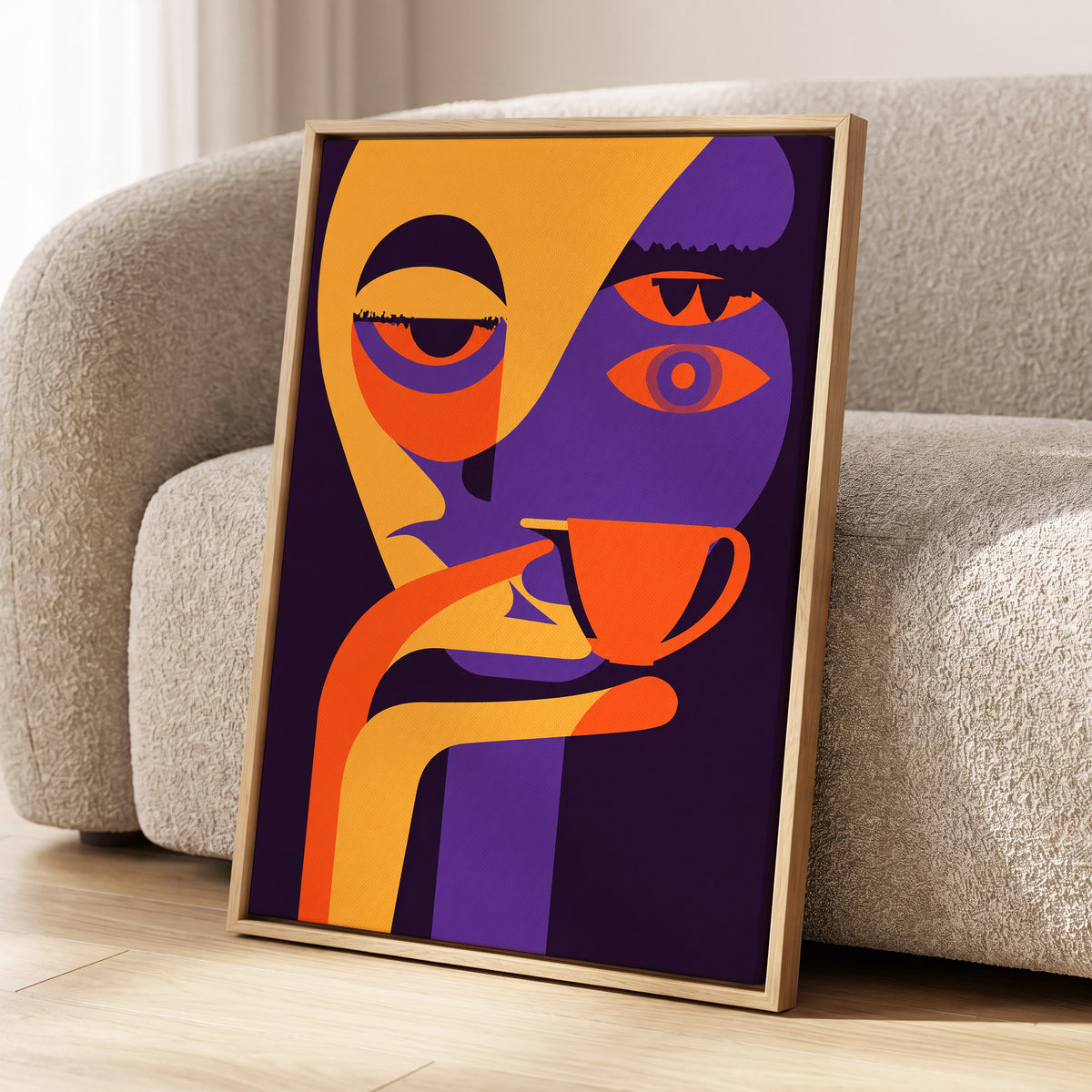 After-Hours Cup, orange, purple, black abstract wall art displayed in a styled interior, gallery view 1