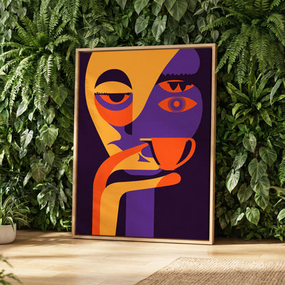 After-Hours Cup, orange, purple, black abstract wall art displayed in a styled interior, gallery view 2
