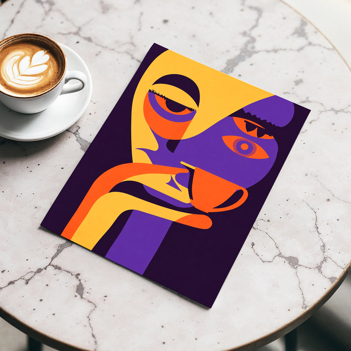After-Hours Cup, orange, purple, black abstract wall art displayed in a styled interior, gallery view 4