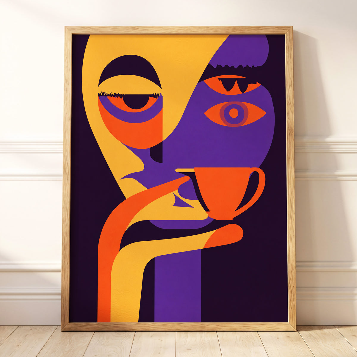 After-Hours Cup, orange, purple, black abstract wall art displayed in a styled interior, gallery view 5