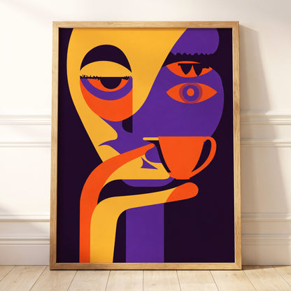 After-Hours Cup, orange, purple, black abstract wall art displayed in a styled interior, gallery view 5
