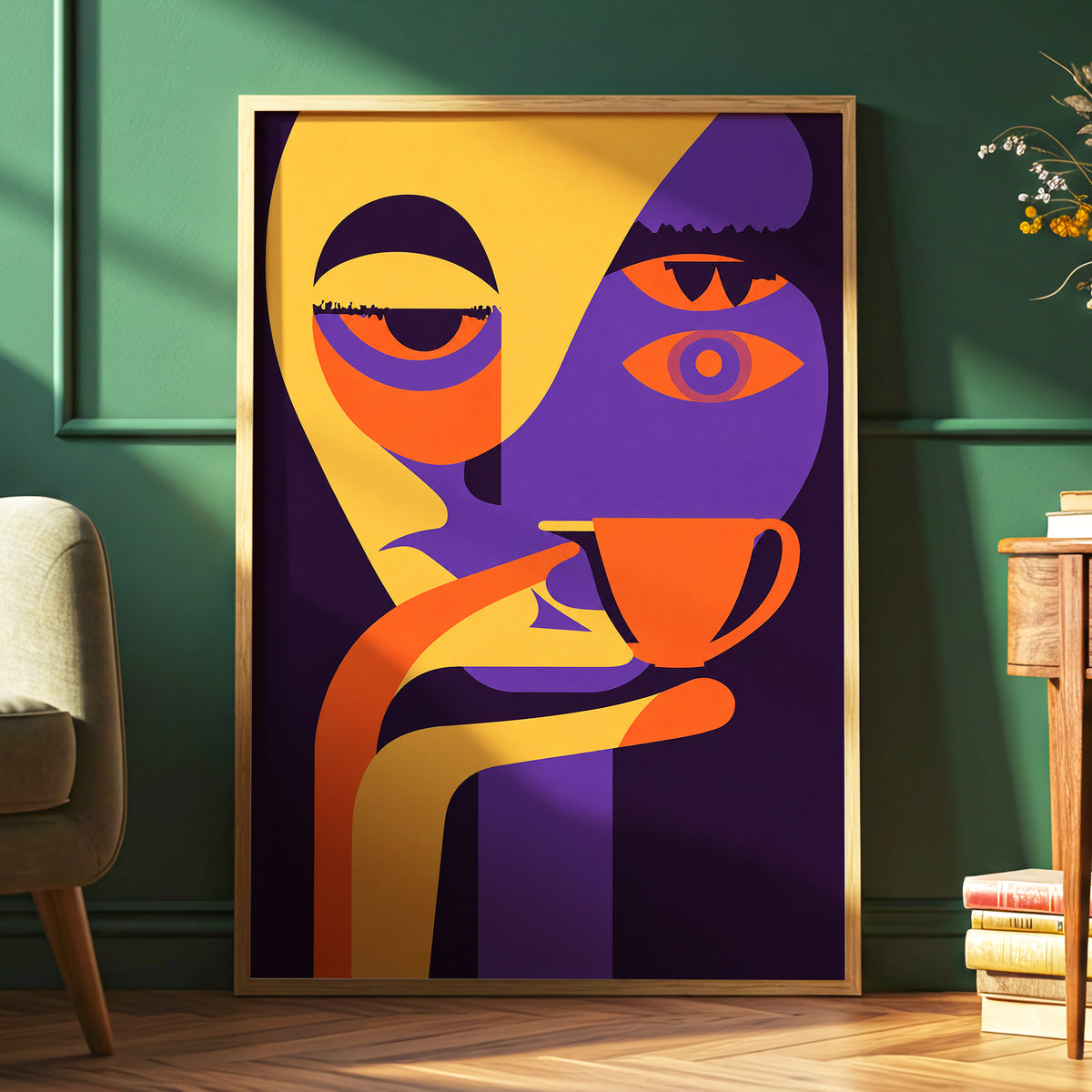 After-Hours Cup, orange, purple, black abstract wall art displayed in a styled interior, gallery view 6