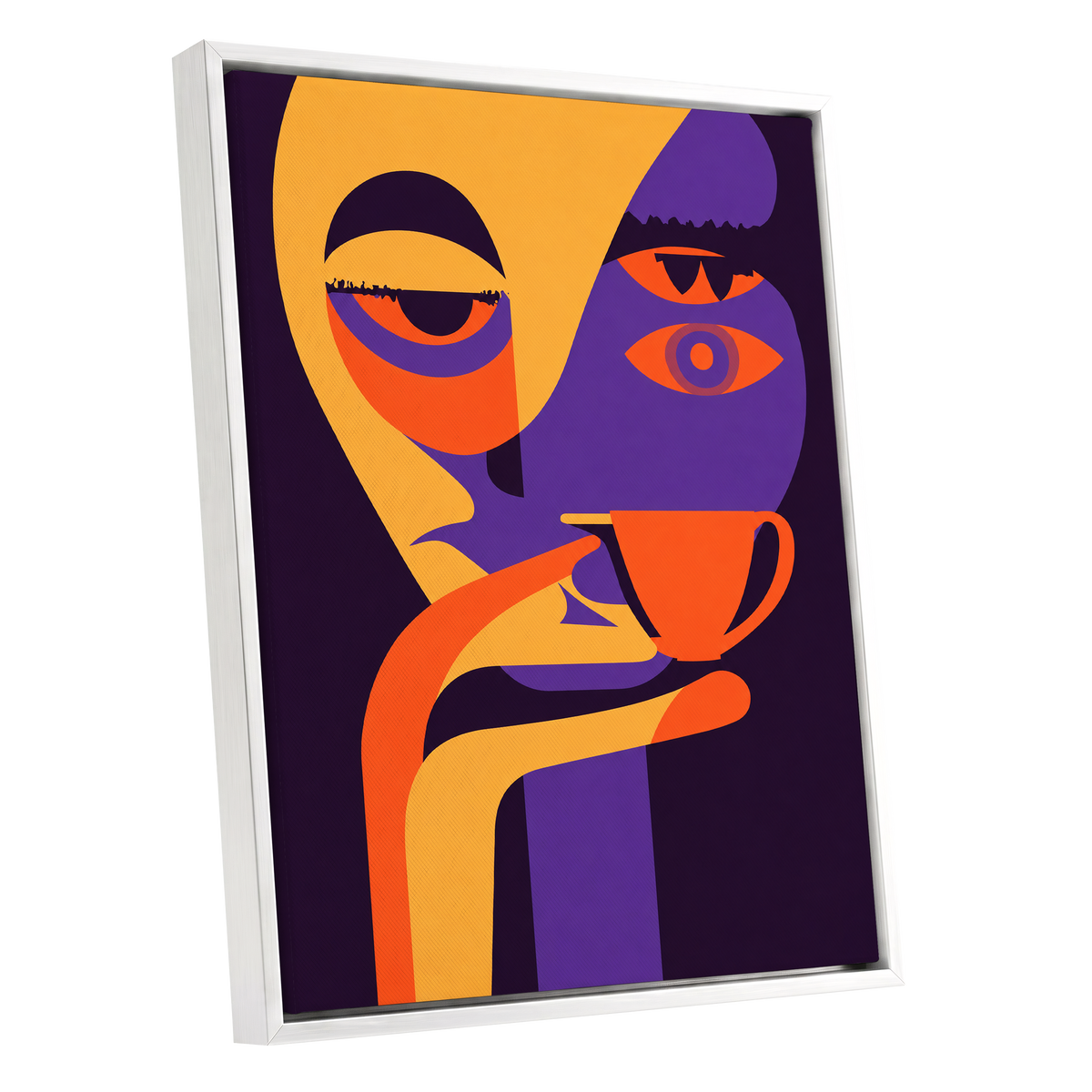 After-Hours Cup, orange, purple, black abstract wall art shown as a white framed canvas wall art