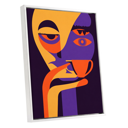 After-Hours Cup, orange, purple, black abstract wall art shown as a white framed canvas wall art
