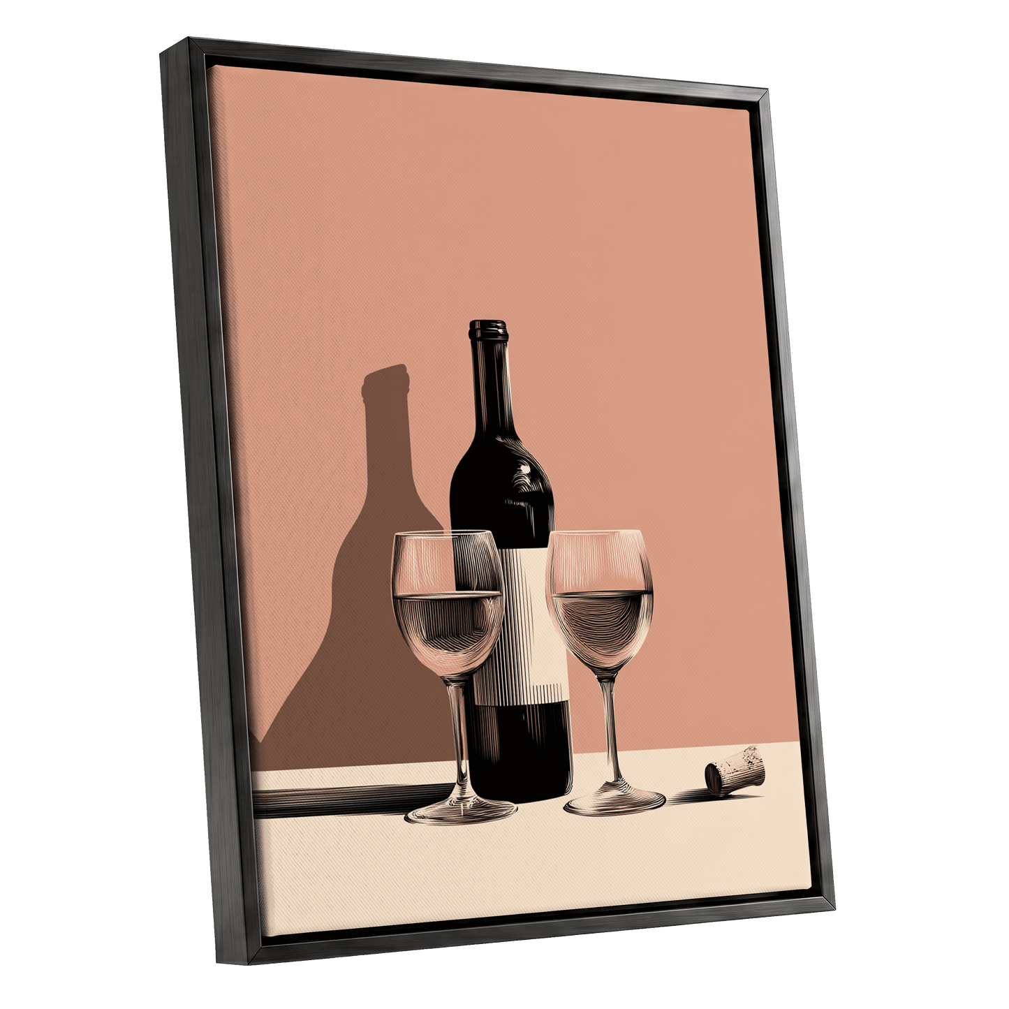 After Hours Still Life, pink, black, beige minimalist wall art shown as a black framed canvas wall art