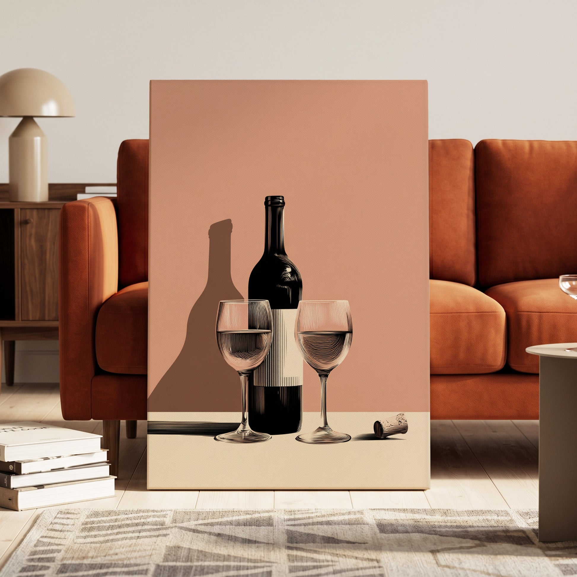 After Hours Still Life, pink, black, beige minimalist wall art on canvas displayed in a styled interior, gallery view 1