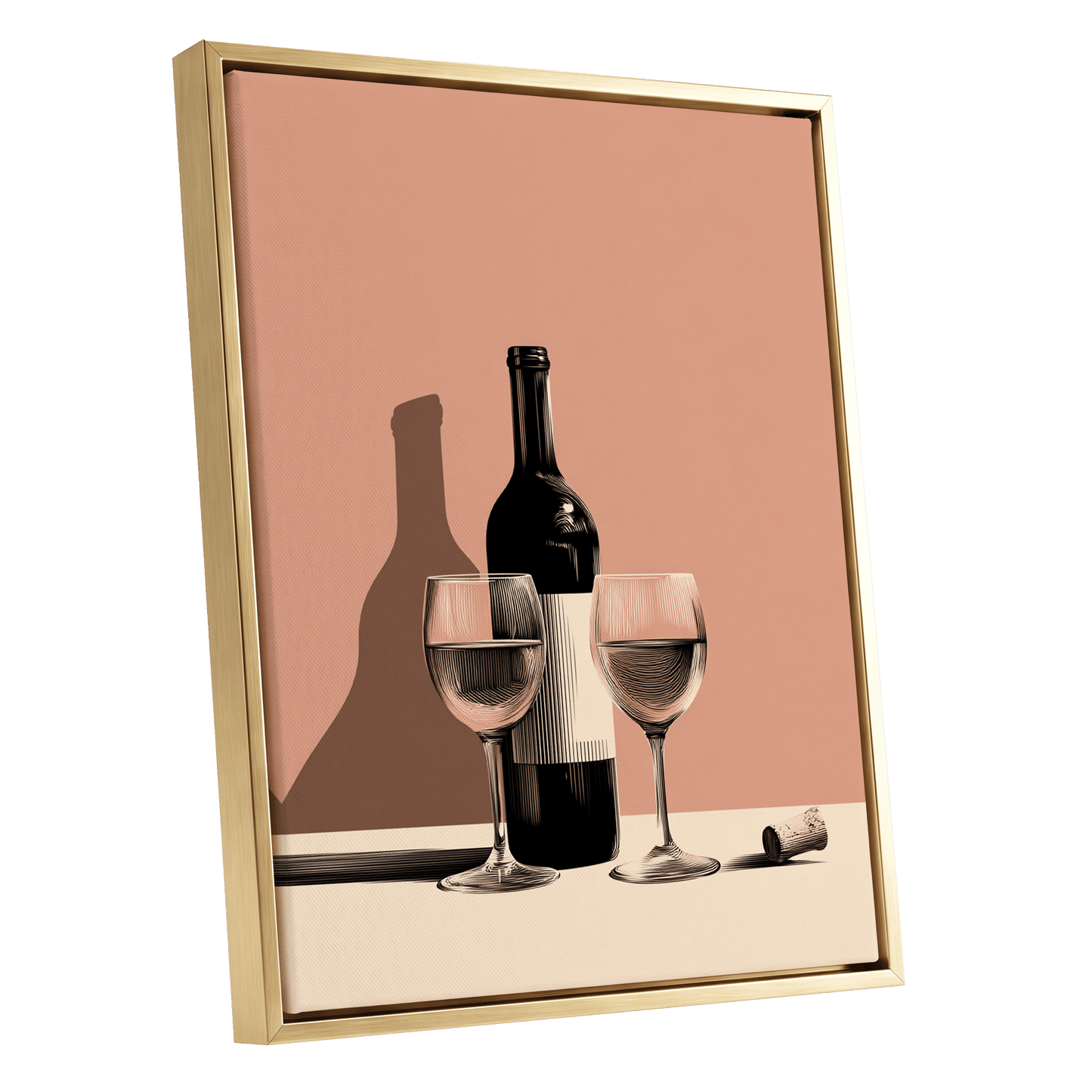 After Hours Still Life, pink, black, beige minimalist wall art shown as a gold framed canvas wall art