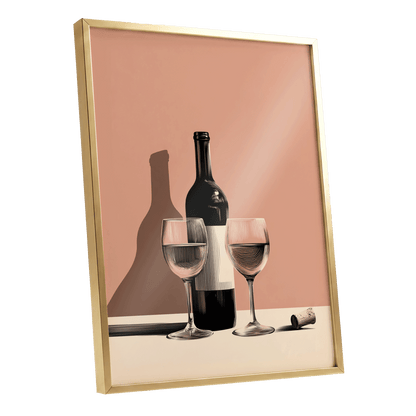 After Hours Still Life, pink, black, beige minimalist wall art shown as a gold framed poster wall art print