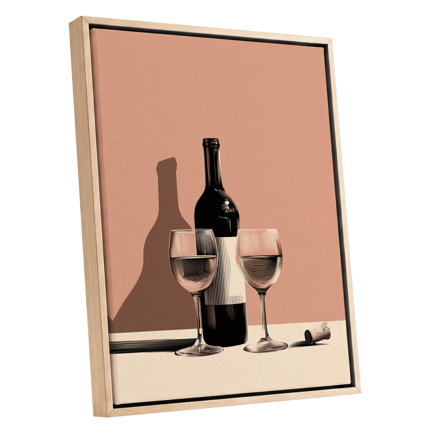 After Hours Still Life, pink, black, beige minimalist wall art shown as a oak framed canvas wall art