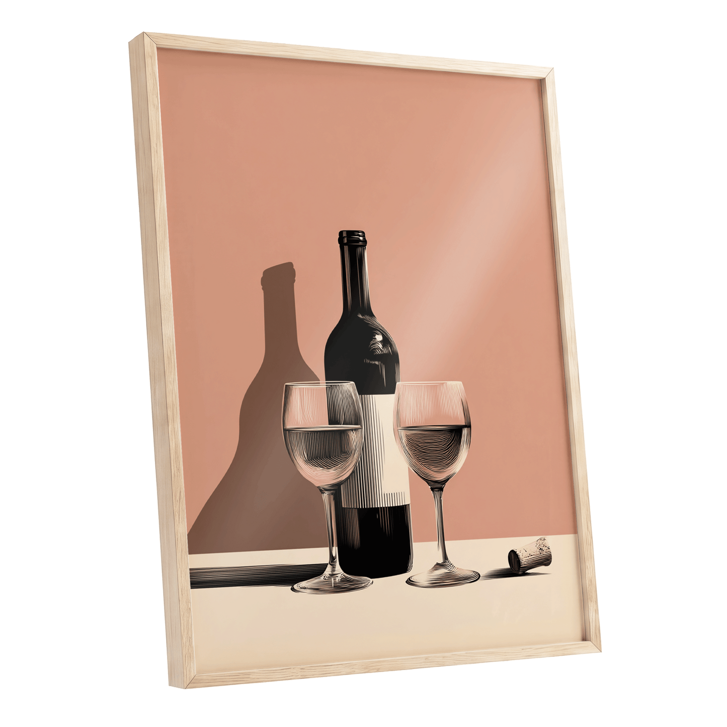 After Hours Still Life, pink, black, beige minimalist wall art shown as a oak framed poster wall art print