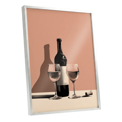 After Hours Still Life, pink, black, beige minimalist wall art shown as a silver framed poster wall art print
