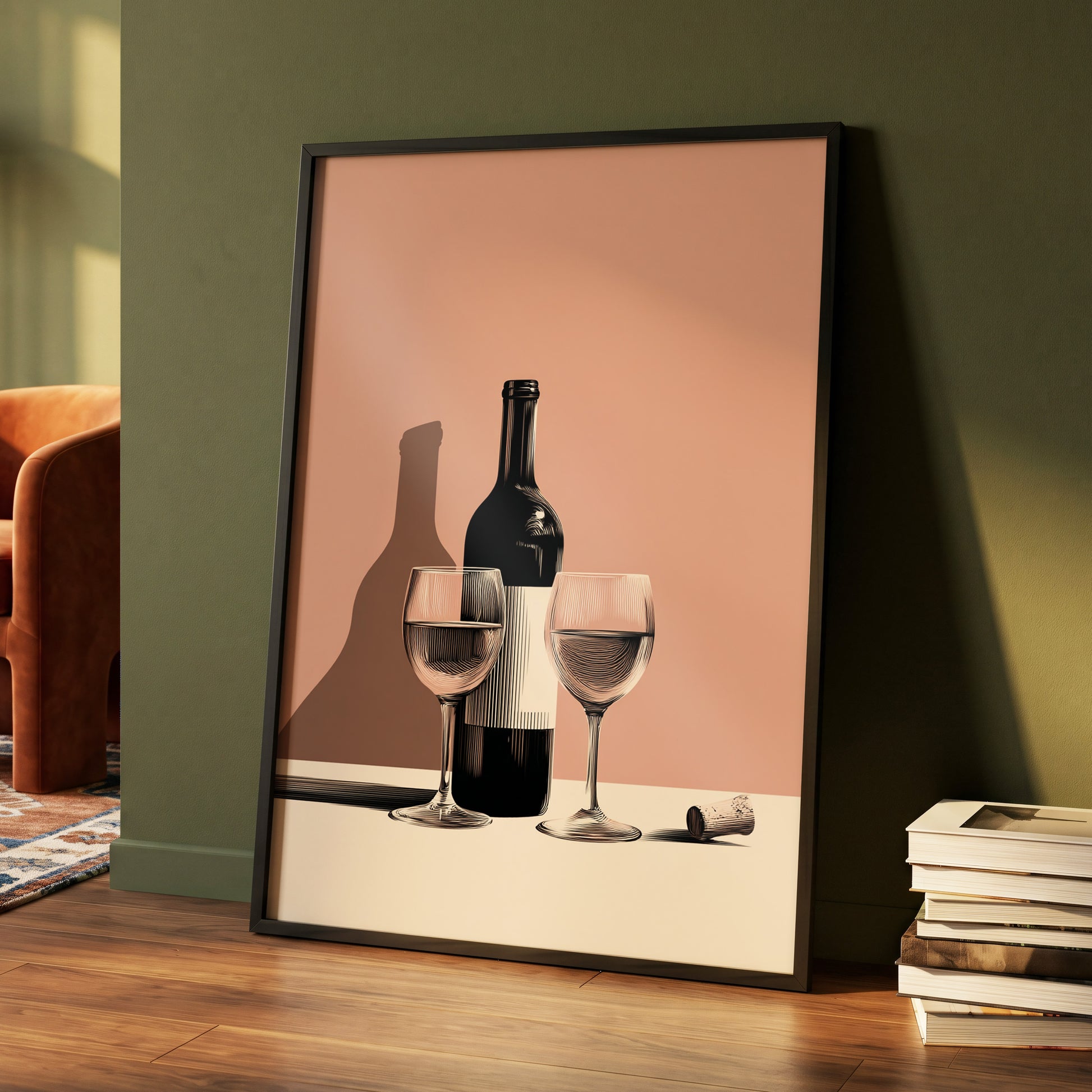 After Hours Still Life, pink, black, beige minimalist wall art displayed in a styled interior, gallery view 4