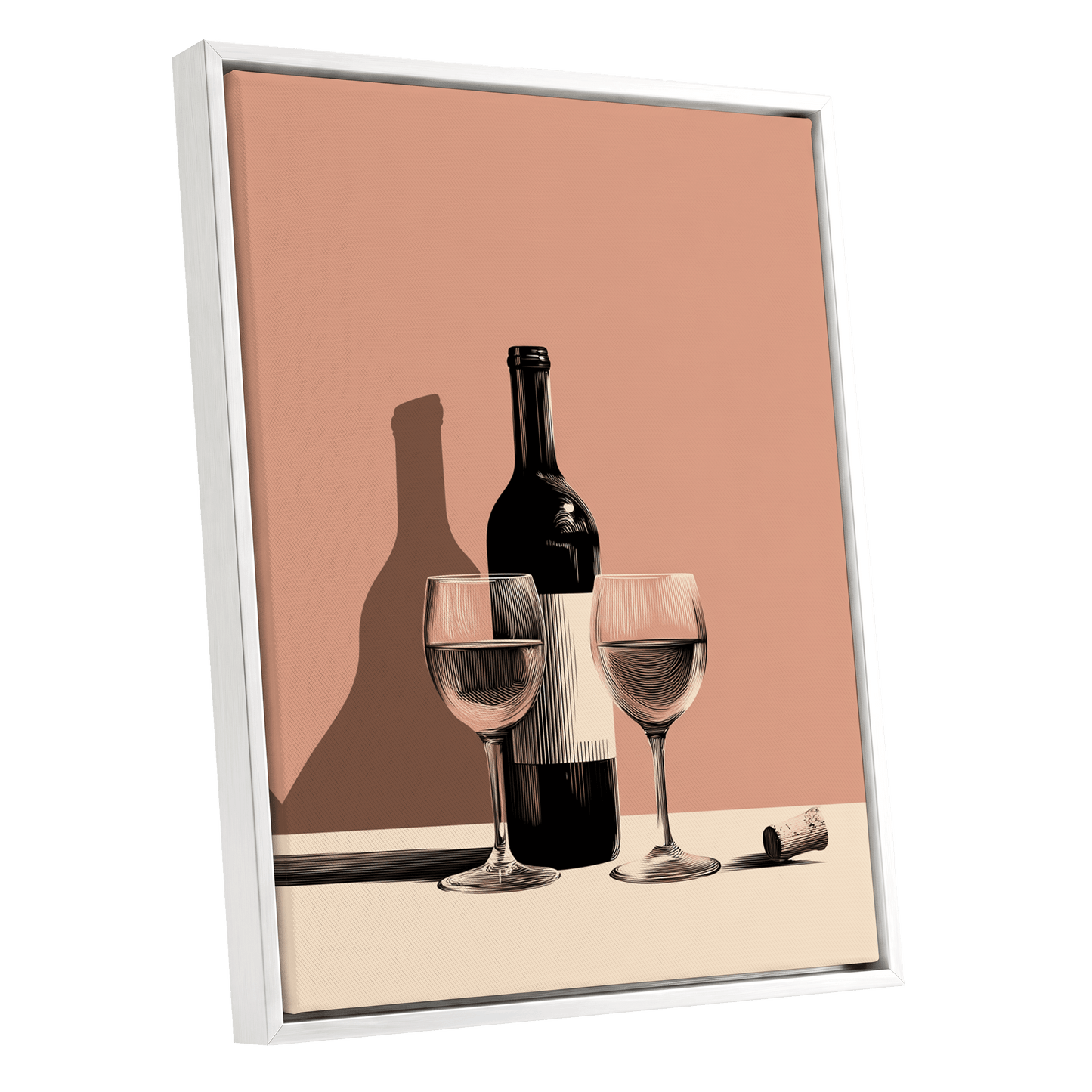 After Hours Still Life, pink, black, beige minimalist wall art shown as a white framed canvas wall art