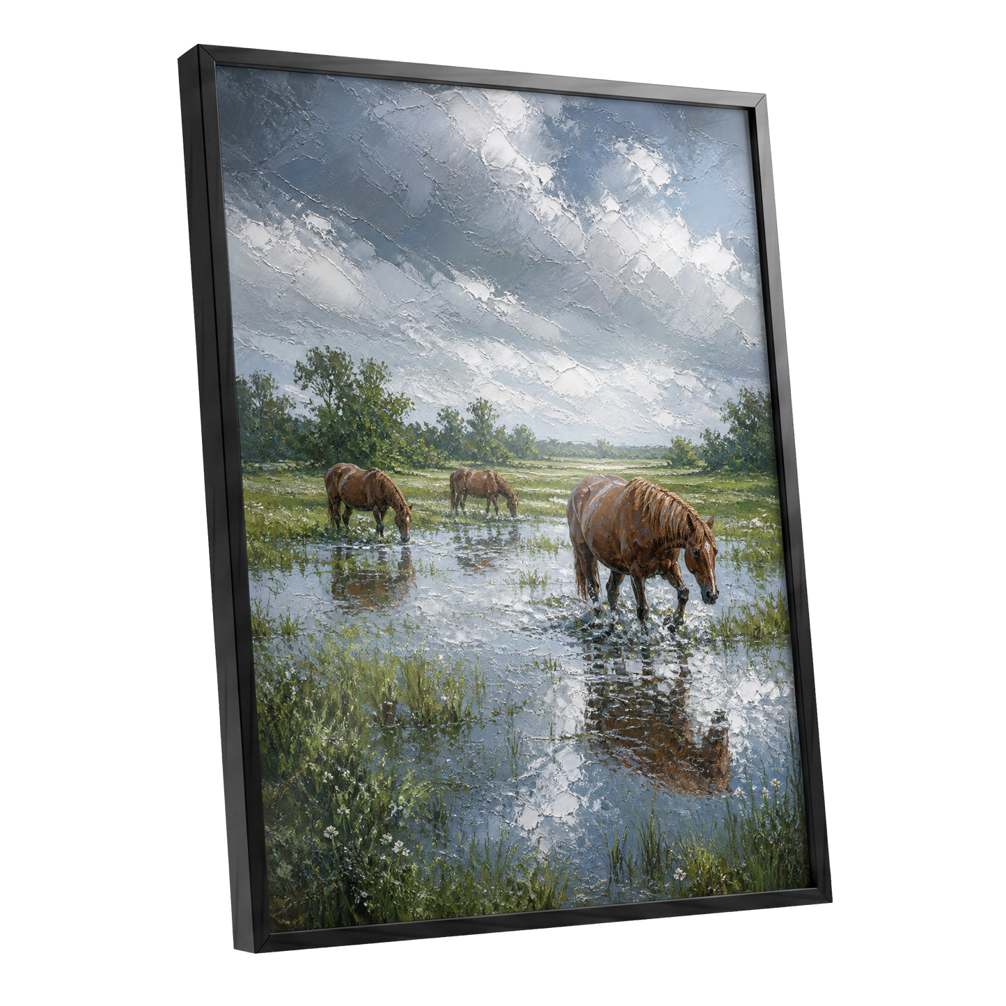 After the Rain, blue, green, brown nature wall art shown as a black framed poster wall art print