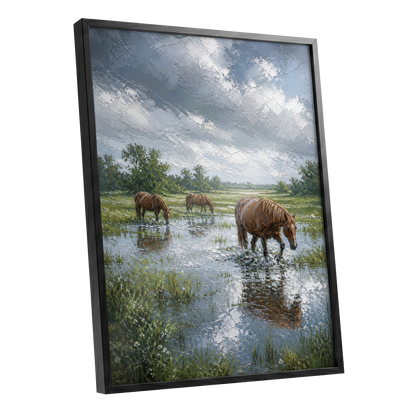 After the Rain, blue, green, brown nature wall art shown as a black framed poster wall art print