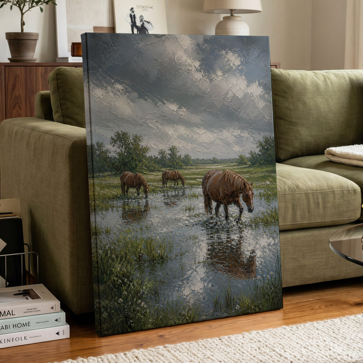 After the Rain, blue, green, brown nature wall art on canvas displayed in a styled interior, gallery view 1