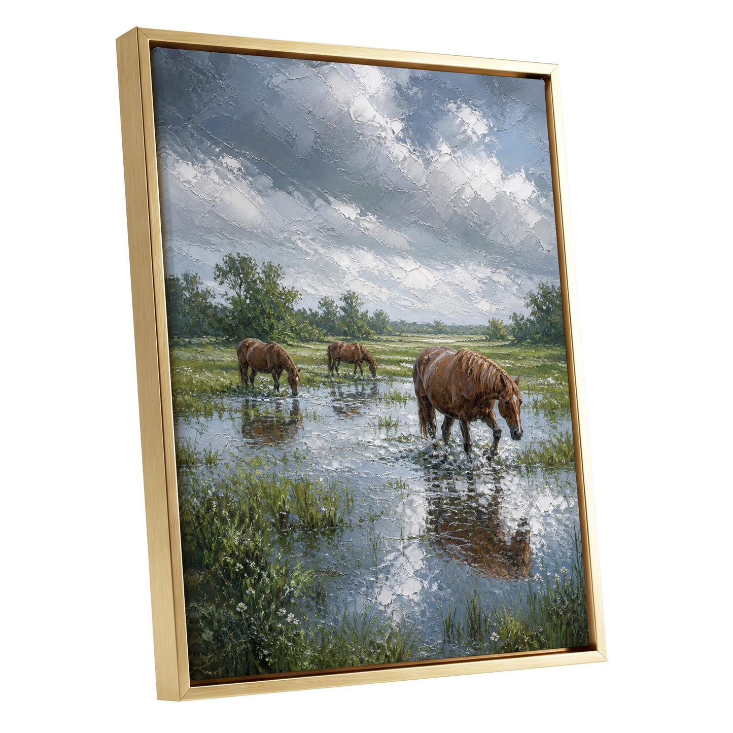 After the Rain, blue, green, brown nature wall art shown as a gold framed canvas wall art