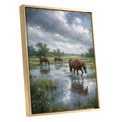 After the Rain, blue, green, brown nature wall art shown as a gold framed canvas wall art