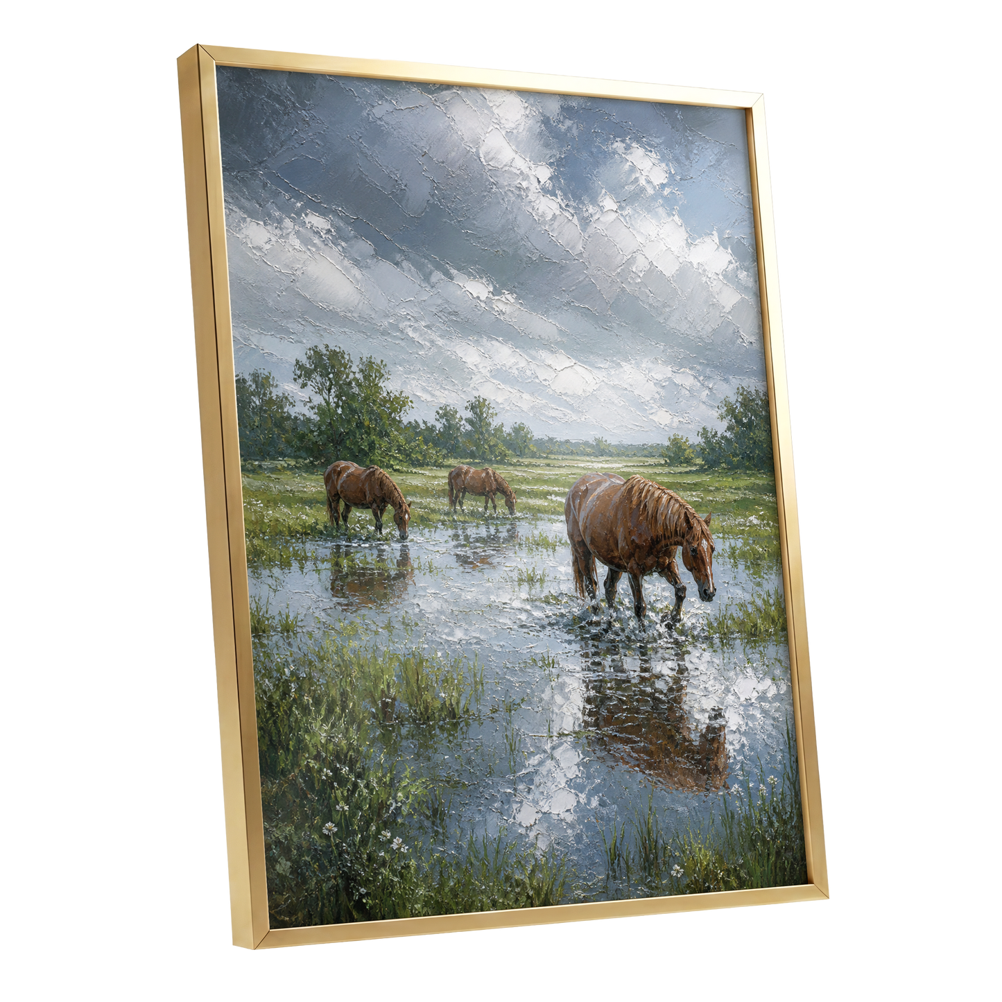 After the Rain, blue, green, brown nature wall art shown as a gold framed poster wall art print