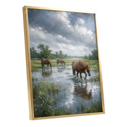 After the Rain, blue, green, brown nature wall art shown as a gold framed poster wall art print