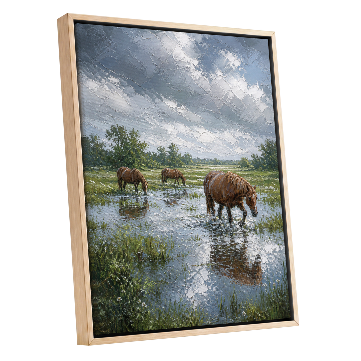 After the Rain, blue, green, brown nature wall art shown as a oak framed canvas wall art