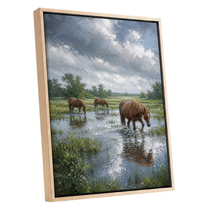 After the Rain, blue, green, brown nature wall art shown as a oak framed canvas wall art