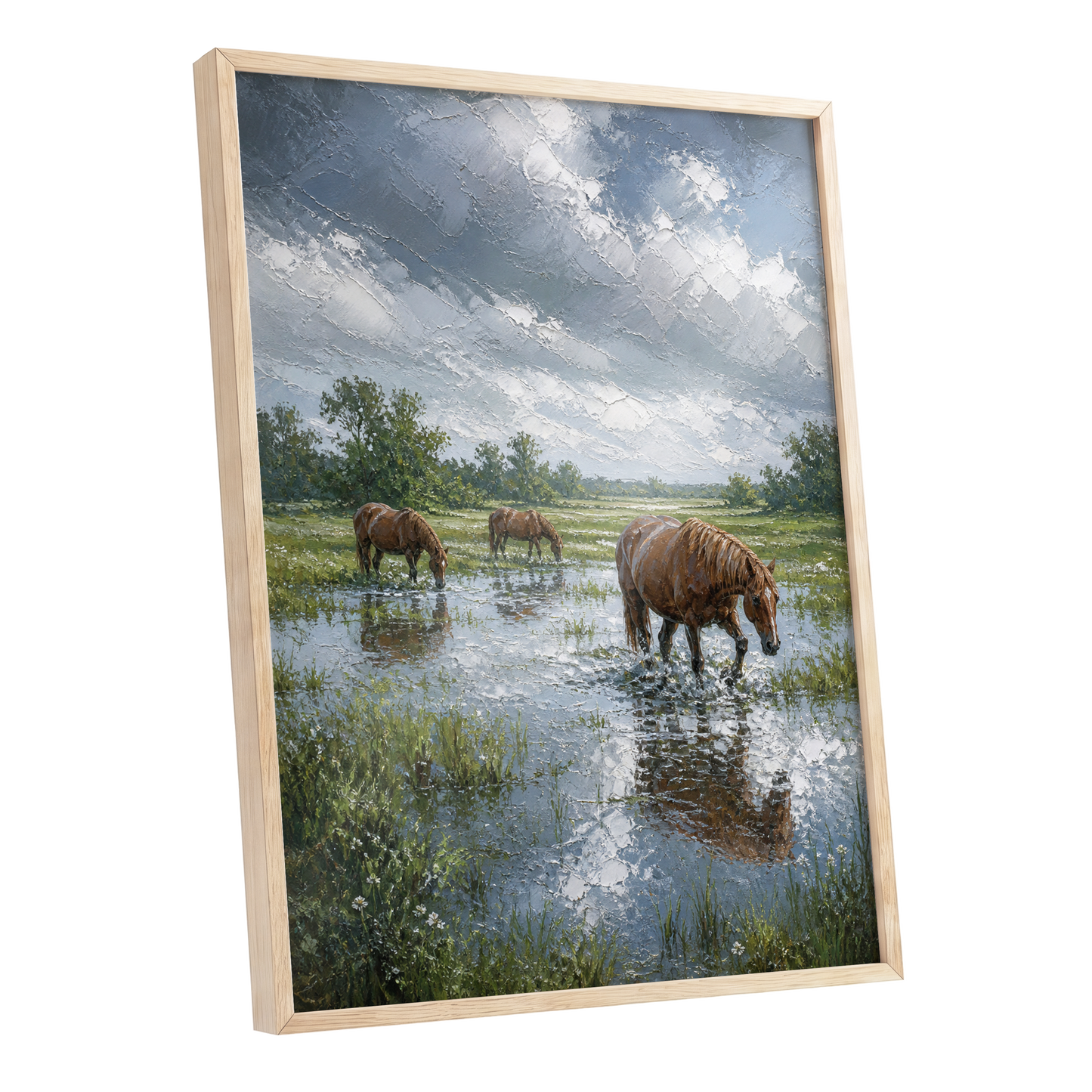 After the Rain, blue, green, brown nature wall art shown as a oak framed poster wall art print
