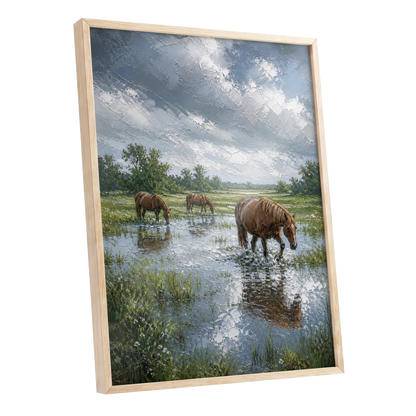After the Rain, blue, green, brown nature wall art shown as a oak framed poster wall art print