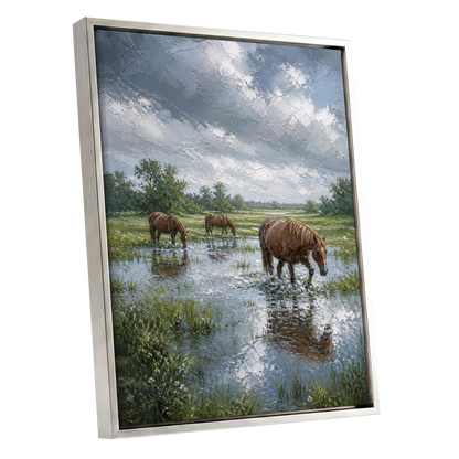After the Rain, blue, green, brown nature wall art shown as a silver framed canvas wall art