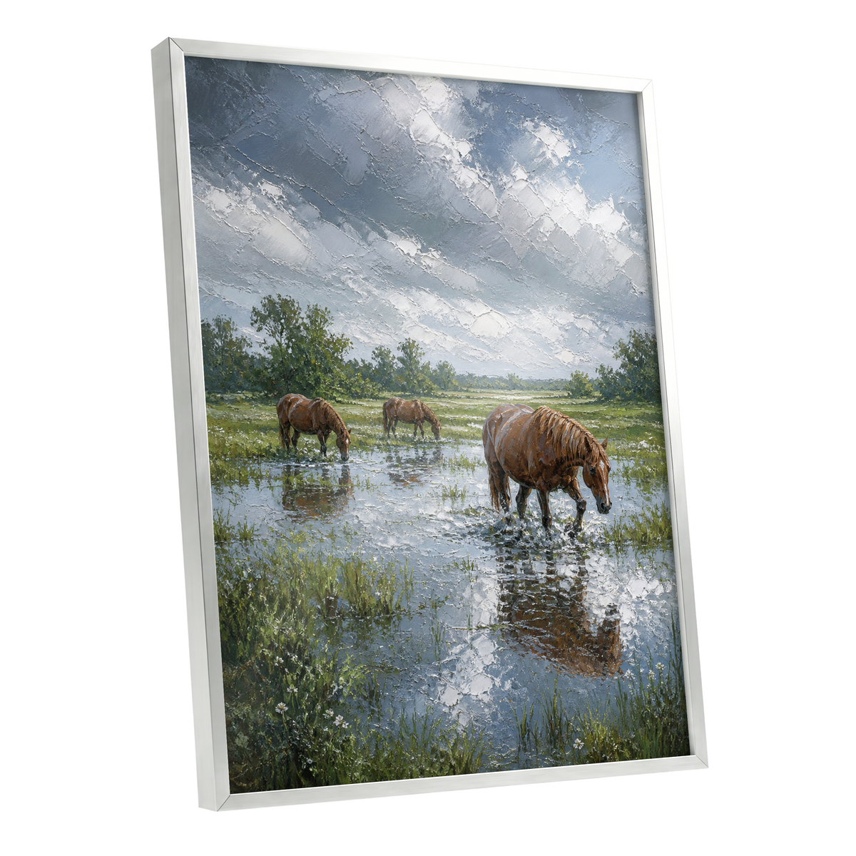 After the Rain, blue, green, brown nature wall art shown as a silver framed poster wall art print