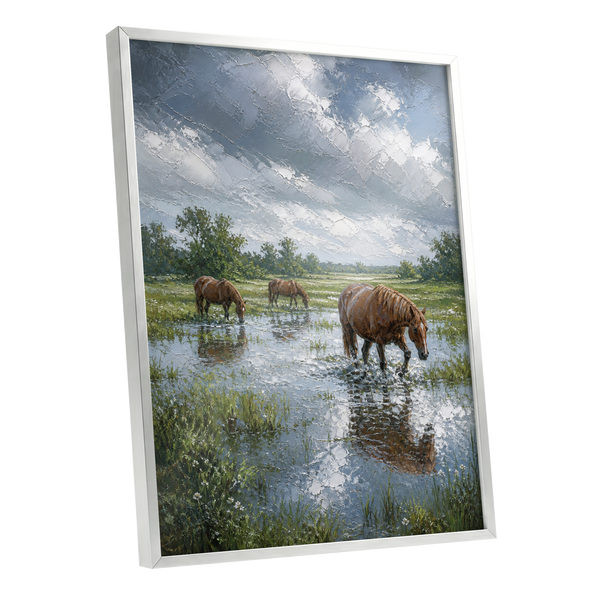 After the Rain, blue, green, brown nature wall art shown as a silver framed poster wall art print