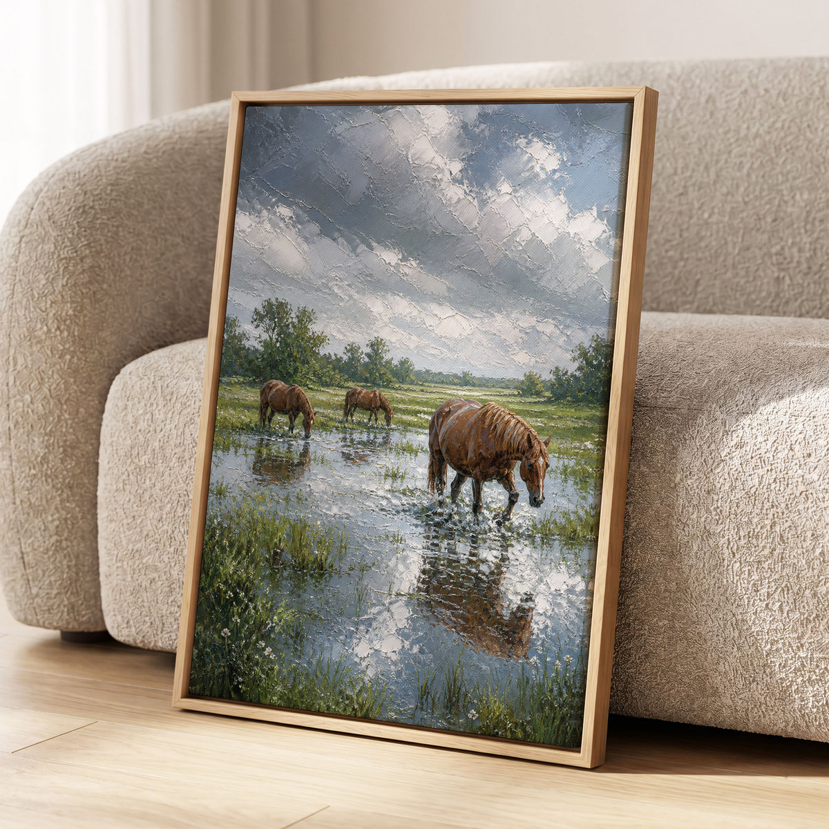 After the Rain, blue, green, brown nature wall art displayed in a styled interior, gallery view 1