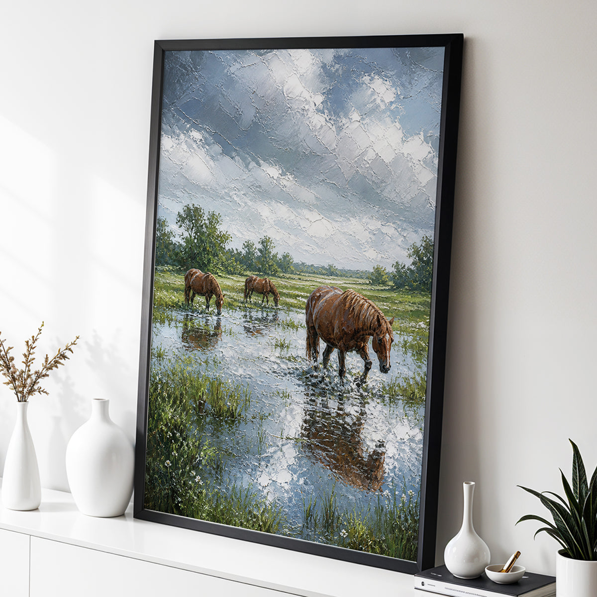 After the Rain, blue, green, brown nature wall art displayed in a styled interior, gallery view 2